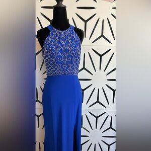 Morgan & Co Royal Blue Beaded Floor Length Gown w/ Side Slit – Sz 5/6